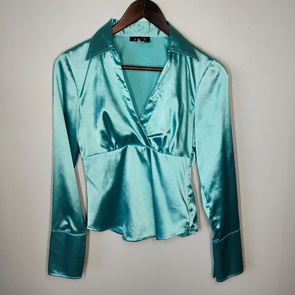 SOLD A Byer Y2K Satin Babydoll Top Women Medium Teal Blue Aquamarine Mermaidcore - Picture 1 of 11